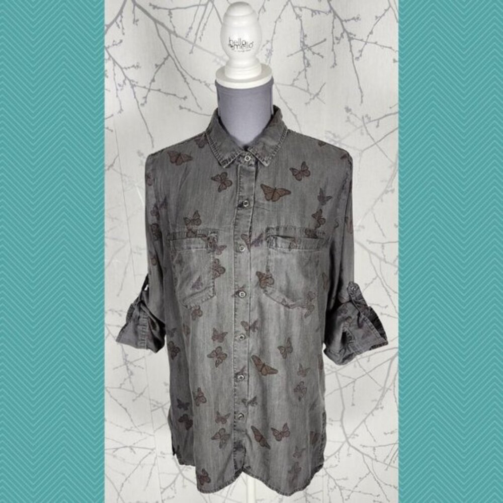 Standard Grace Gray Butterflies Print Tencel Button Front Shirt